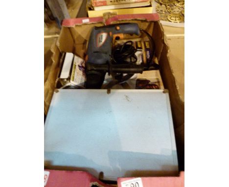 Box of tools including drill bits and router bits 