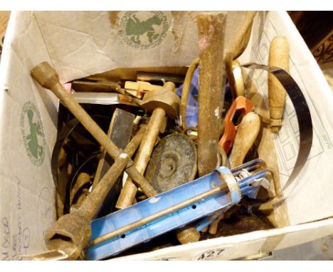 Box of mixed hand tools including spanners, saws etc.