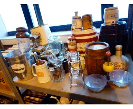 Large shelf of collectable alcohol related items including barrels, flagons, lamp etc 