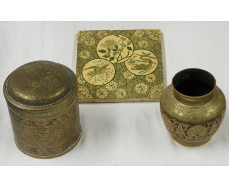 VICTORIAN CERAMIC TILE, HEAVY BRASS SMALL VASE + CADDY WITH LID 