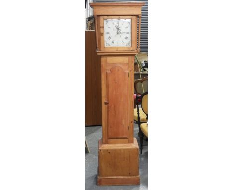 PINE LONGCASE CLOCK WITH PAINTED FACE & DIAL  