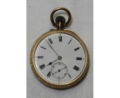18K GOLD CASED FOB WATCH WITH ENAMEL FACE & PAINTED DIAL 