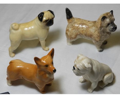 4 SMALL BESWICK DOGS - PUG, SEATED BULLDOG, CAIRN TERRIER & CORGI  