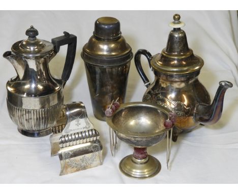 EPNS TEAPOT, HOTWATER JUG, COCKTAIL SHAKER, SARDINE SERVER & OLIVE DISH 