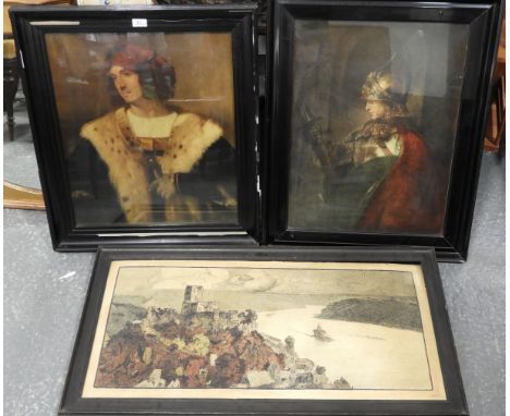 PAIR OF HEAVY FRAMED COLOURED PORTRAIT PRINTS & RHINE PRINT  