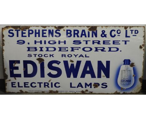 ENAMEL SIGN STEPHENS BRAIN & Co LTD, BIDEFORD, DEVON EDISWAN ELECTRIC LAMPS 48' X 24'  