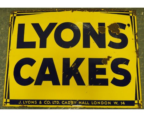 ENAMEL SIGN LYONS CAKES 39' X 30'  