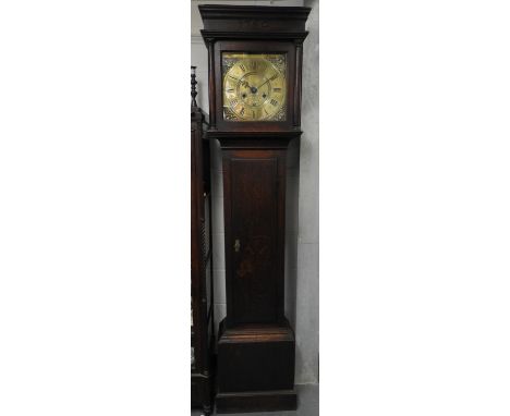 OAK LONGCASE CLOCK WITH ETCHED BRASS FACE &amp; DIAL WILLIAM BALL OF BISTER (HOOD CARVED WITH DATE 1754)