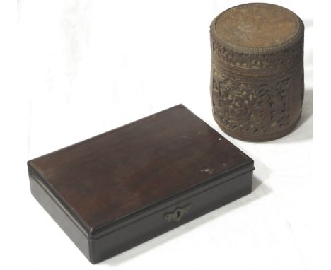 MAHOGANY TABLE BOX & CARVED ORIENTAL CIRCULAR CADDY BOX  