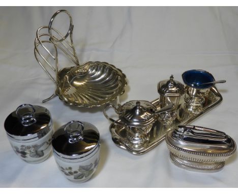PLATED CONDIMENT SET, RONSON LIGHTER, BUTTER DISH &amp; 2 WORCESTER EGG CODDLERS