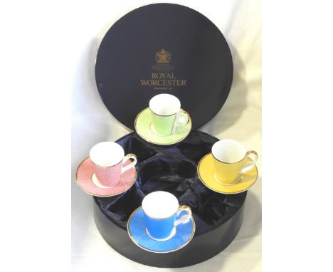 BOXED ROYAL WORCESTER 4 COFFEE CANS & SAUCERS IN CELEBRATION OF HRH 80TH BIRTHDAY  
