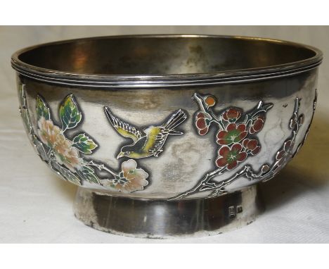 SILVER & ENAMEL CHINESE BOWL DECORATED WITH FLOWERS & BIRDS 212.9G 5' DIAM  2.5'H  