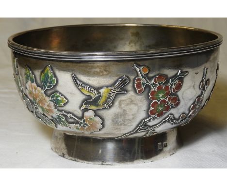 SILVER & ENAMEL CHINESE BOWL DECORATED WITH FLOWERS & BIRDS 212.9G 5' DIAM  2.5'H  