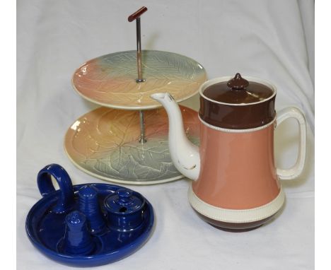 CARLTON WARE COFFEE POT, ROYAL WINTON CAKESTAND + BRANNAM STYLE TABLE CRUET 