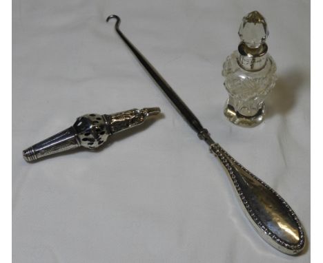 SILVER BUTTON HOOK, CHILDS TEETHING RATTLE & BANDED SCENTS BOTTLE  