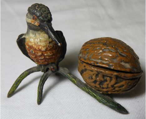 COLD PAINTED BRONZE OF KINGSFISHER TO BOUGH WITH WALNUT 3' 