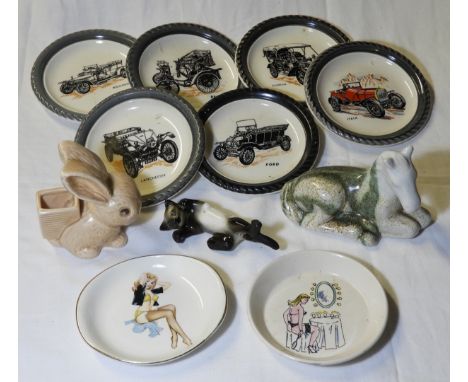 SYLVAC BUNNY 1064, ISLES SCILLY CERAMIC HORSE, CAT & 6 WADE VINTAGE CAR PIN DISHES PLUS 2 RISQUE ONES  