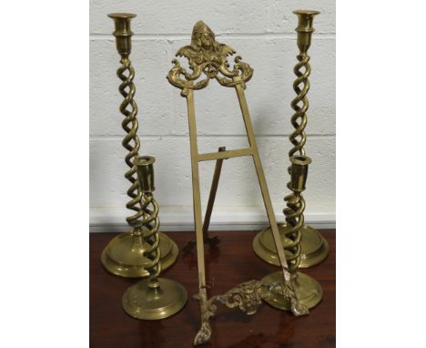 2 PAIRS BRASS BARLEYTWIST CANDLESTICKS & AN EASEL STAND  