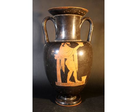 A large Greek anphora vase in Attic manner; black painted with wide neck and two hand grips, on round base; on each side a ma