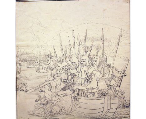 German Artist 19th Century, The journey over the Elbe river by the Nibelungs, dark ink on white paper, signed bottom right Wo