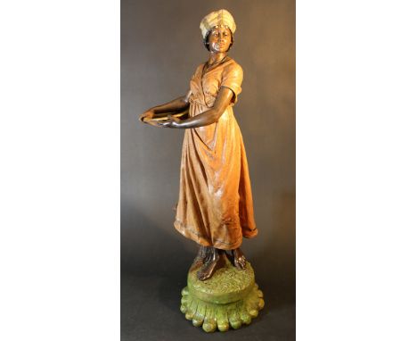 Ceramic sculpture of an Arabic girl holding a large plate, by a tree stump; on base; naturalistically sculpted and painted, p