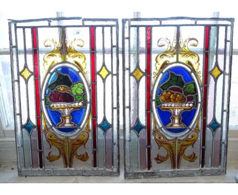 A pair of 19th century hand painted stained-glass lead light window panels, 24" x 16" 