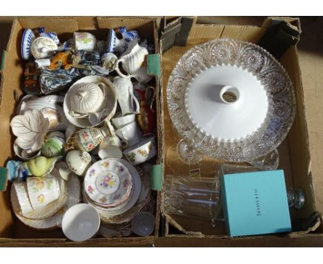 Glass light shades, a box of china etc 