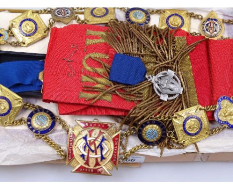 A collection of Order of Buffalo's regalia, medals and badges, including a large Grand Council gilt-metal and enamel neck cha