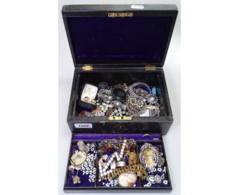 A Victorian leather jewel box, to include a quantity of silver jewellery, silver and enamel pendant etc 