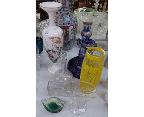 An Edwardian painted milk-glass vase, 16.25", a decanter, a Sowerby pot etc 