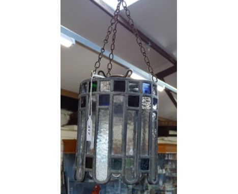 A small lead light glass hanging light fitting, diameter 7" 