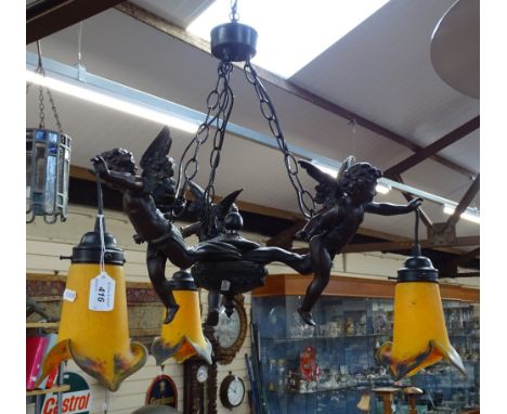 An Art Nouveau style 3-branch hanging light fitting with shades, 25" across 