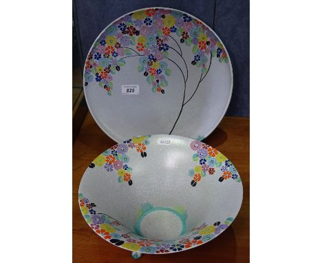 A Carlton Ware plate with painted floral decoration, 12.5", and matching bowl in spring/coffee bean pattern. 