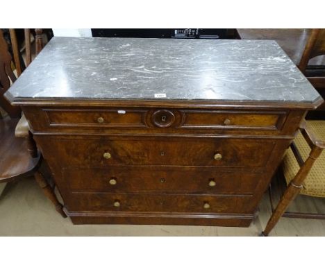 A Napoleon III walnut commode, with grey-veined marble top, above 4 long graduated drawers, and canted corners, W111cm 