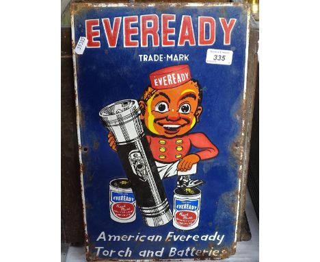 A Vintage enamel advertising sign for Eveready Torch and Batteries, 17" x 10" 