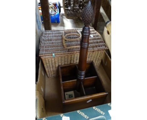 A Vintage wicker picnic hamper, and a mahogany wine bottle stand 