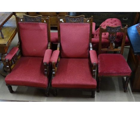 A late Victorian 6-piece parlour suite, comprising a button-back upholstered chaise, a pair of armchairs, a pair of side chai