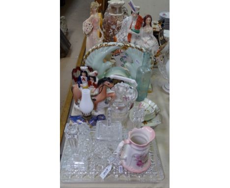 A Deco style mantel clock, a Staffordshire group, a dressing table set etc 