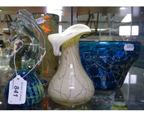 A Mdina cylindrical glass vase, height 6.75", a seahorse, an Art glass bowl and vase (4) 