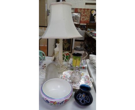 A Poole Pottery bowl, an etched glass light shade, table lamps etc 