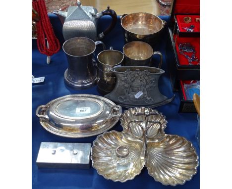 A group of plated items to include a Bumpodo chrome plate flask, an Art Nouveau pewter vase, tankards etc 