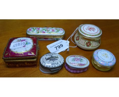 A 19th century enamel pillbox a pledge of love, a Limoges box, length 3", and 4 others 