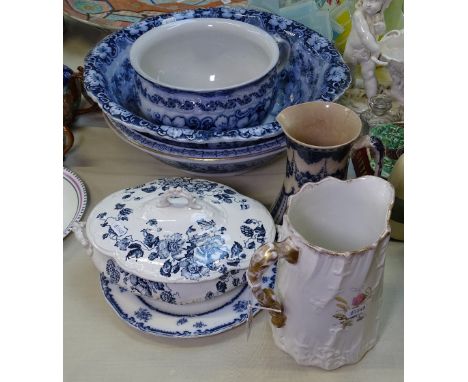 A Victorian wash basin and matching chamber pot, a tureen etc 