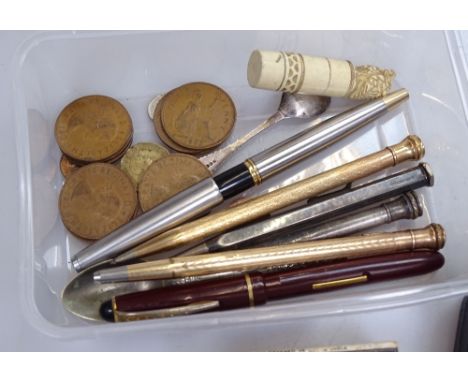 A mixed box of items, including silver and gold plated propelling pencils etc 