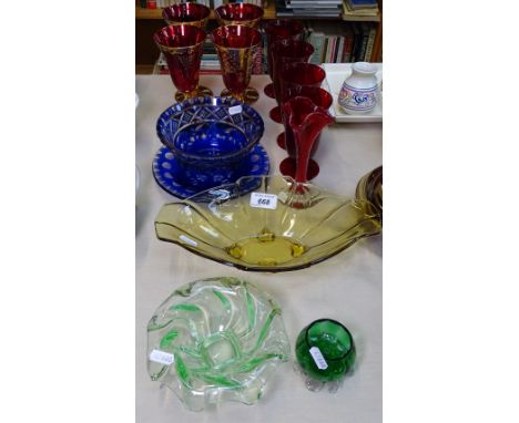 Blue overlay cut-glass bowl and dish, gilded red glass goblets, 7", and other glassware 