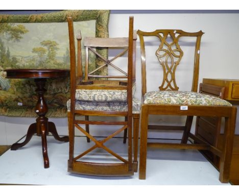 A pair of Edwardian satinwood-banded side chairs, a Chippendale style side chair, and a reproduction mahogany occasional tabl