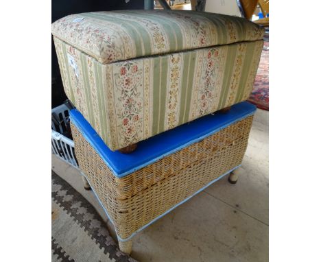A Vintage wicker sewing basket, and an upholstered sewing stool and contents 