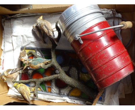 Taxidermic birds, a lead light window panel, and a Thermos canister 