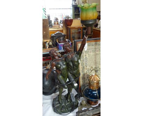 A reproduction composition table lamp in the form of 2 dancers, coloured glass shade, overall height 29" 