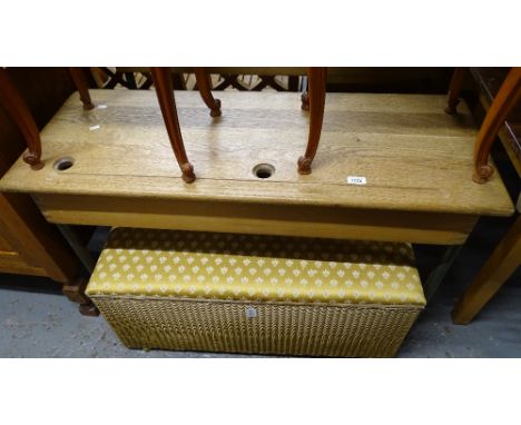 A Vintage oak school double combination desk and bench, L110cm 